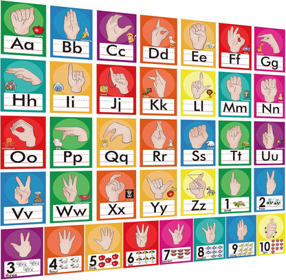 36 Pieces ASL Alphabet Line Bulletin Board Set ABC Number Sign Language Flash Cards Wall Decorations for Pre-School Kindergarten Elementary Classroom Nursery Homeschool (Bright Colors)