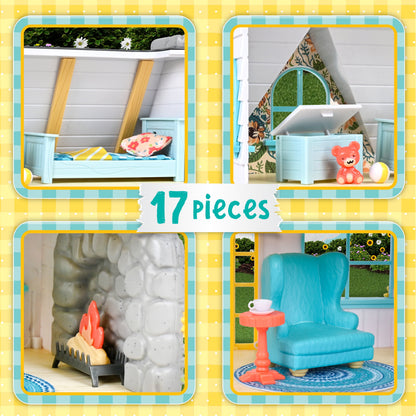 Sunflower Country Cottage – 17 Piece Dollhouse with Miniature Furniture & Exclusive Cat Figure – Doll Playset for Kids Ages 3+