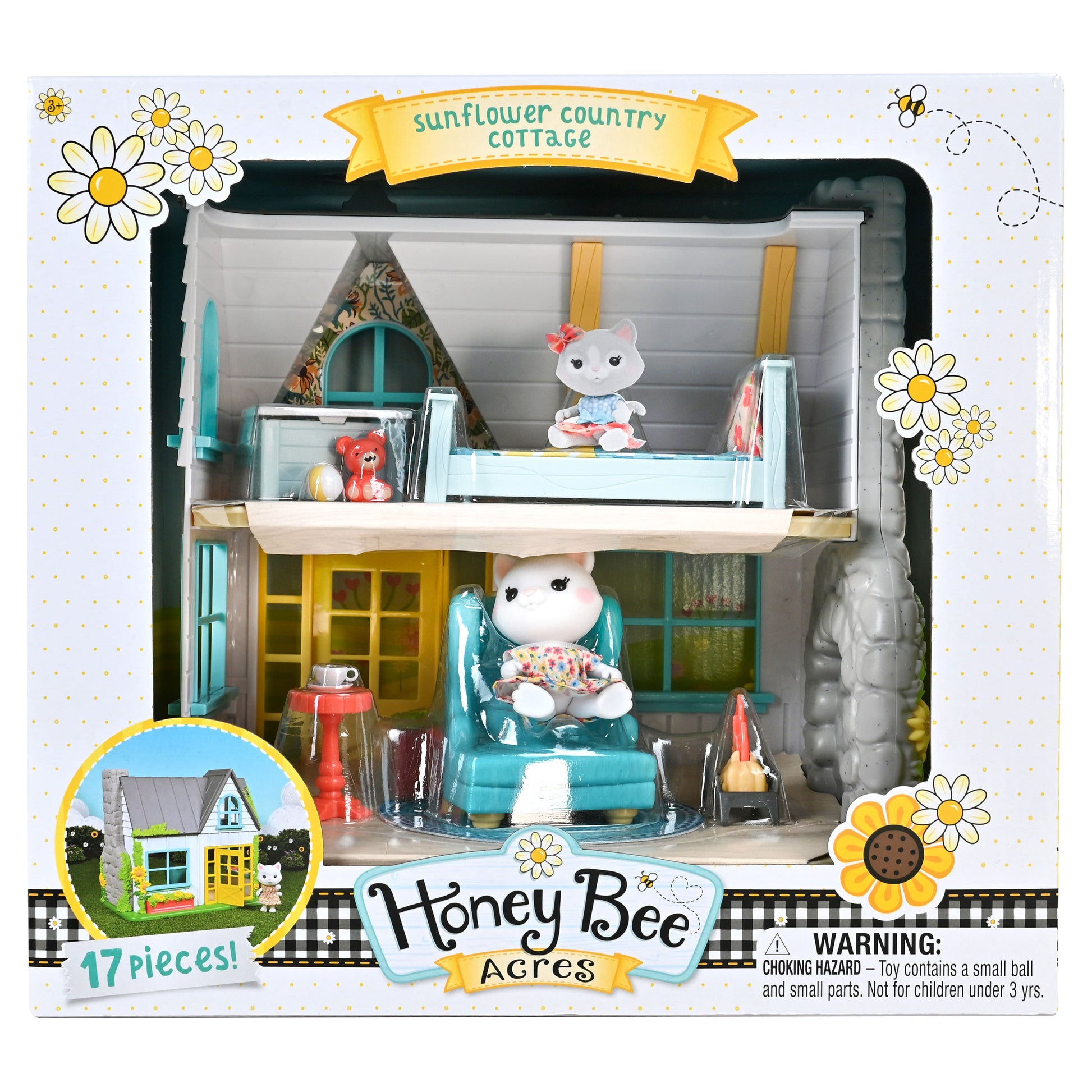 Sunflower Country Cottage – 17 Piece Dollhouse with Miniature Furniture & Exclusive Cat Figure – Doll Playset for Kids Ages 3+