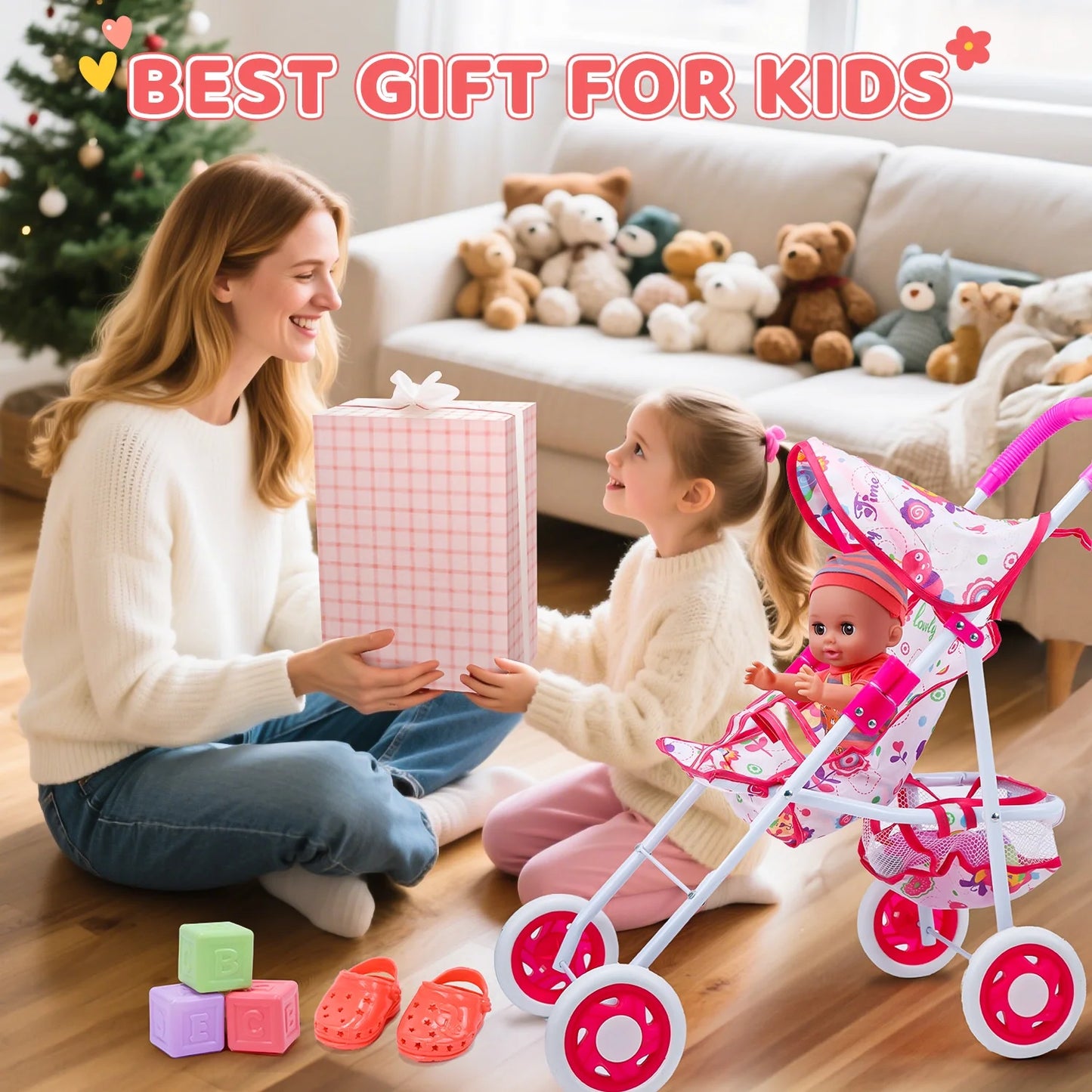 Baby Doll Play Set with 12.5" Baby Doll, 21'' Foldable Doll Stroller, High Chair, 35 PCS Baby Doll Accessories and 2 Sets Doll Clothes, Pretend Play Toys for Girls Toddlers