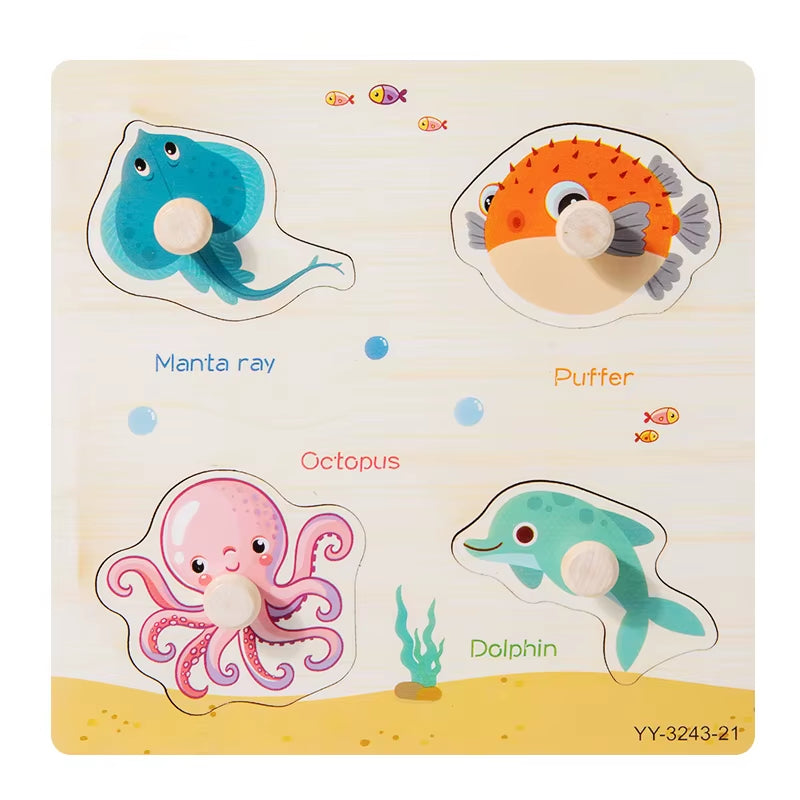 Wooden Mini Cartoon Animal Vehicle Pegged Puzzles Baby Montessori Plywood Early Educational Learning Toys for Kids Boys Girls