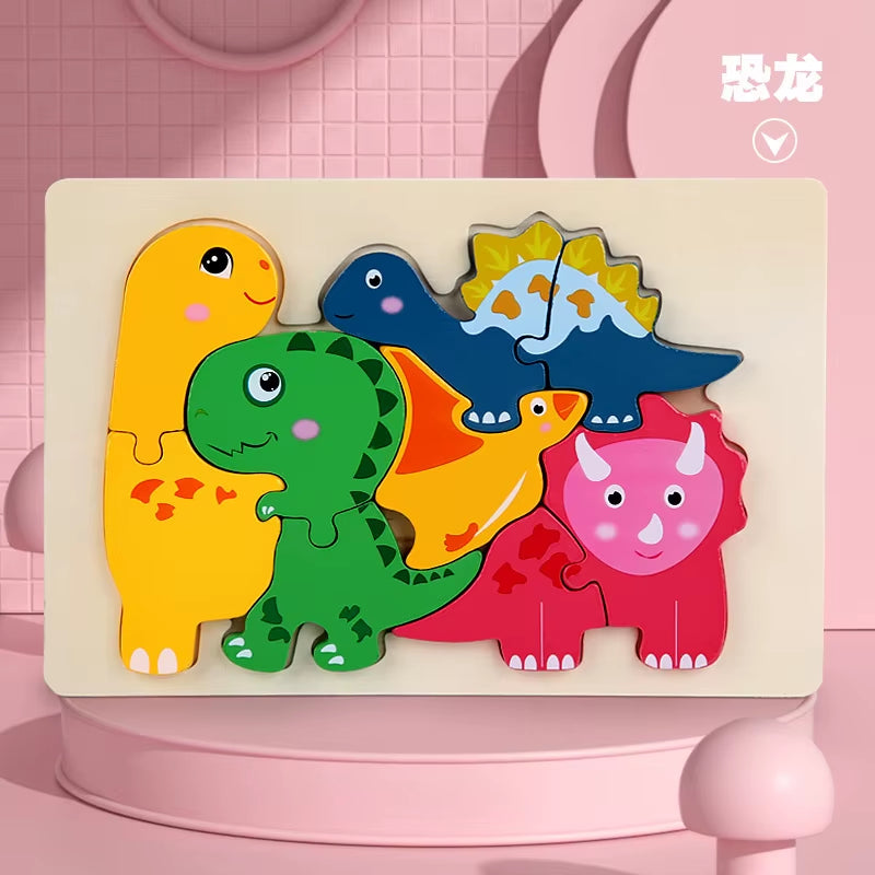 Kids Wooden Jigsaw Dinosaur Puzzle Montessori Game Assembly Children Learning Educational Toys 3D Cartoon Animal Puzzles