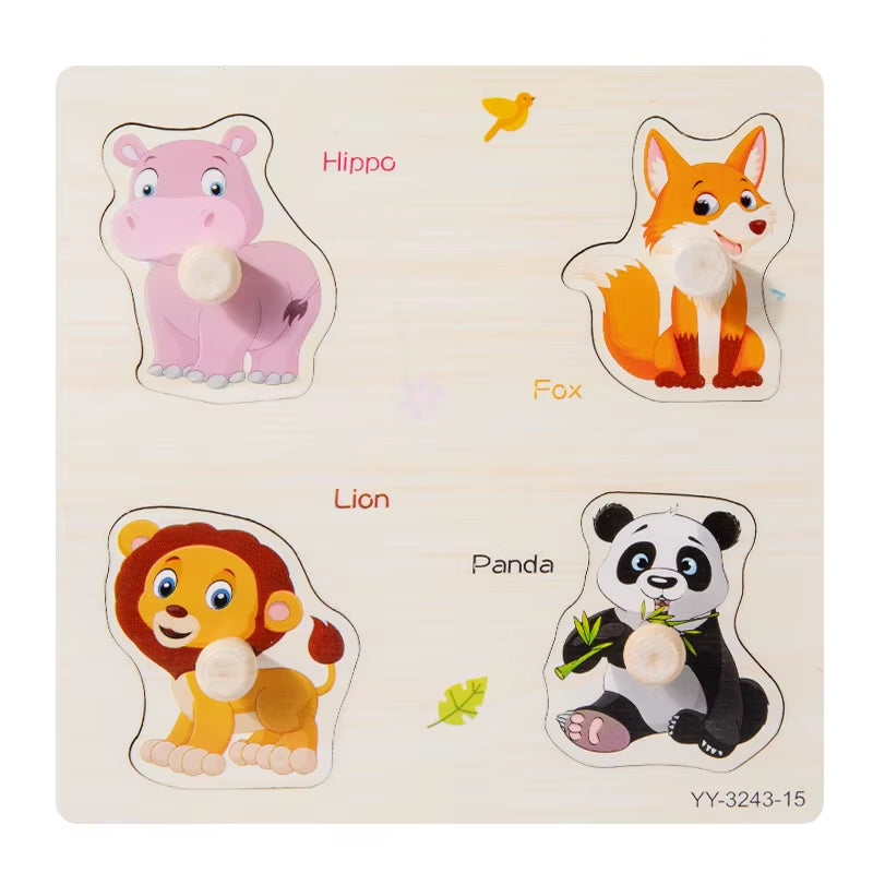 Wooden Mini Cartoon Animal Vehicle Pegged Puzzles Baby Montessori Plywood Early Educational Learning Toys for Kids Boys Girls