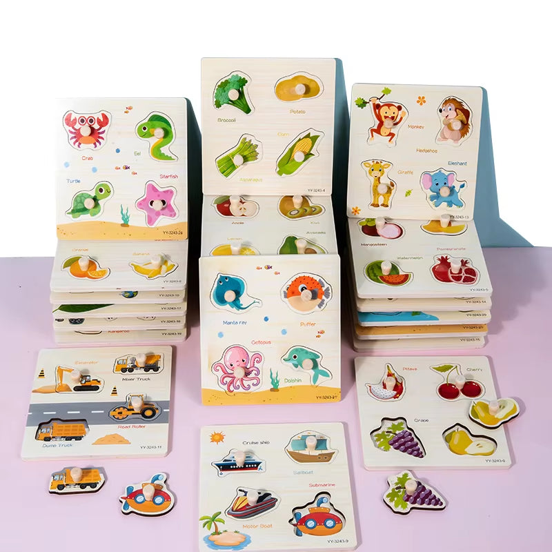 Wooden Mini Cartoon Animal Vehicle Pegged Puzzles Baby Montessori Plywood Early Educational Learning Toys for Kids Boys Girls
