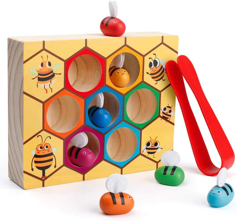 Toddler Fine Motor Skill Toy Clamp Bee to Hive Matching Game Montessori Wooden Color Sorting Puzzle Learning Educational Toy