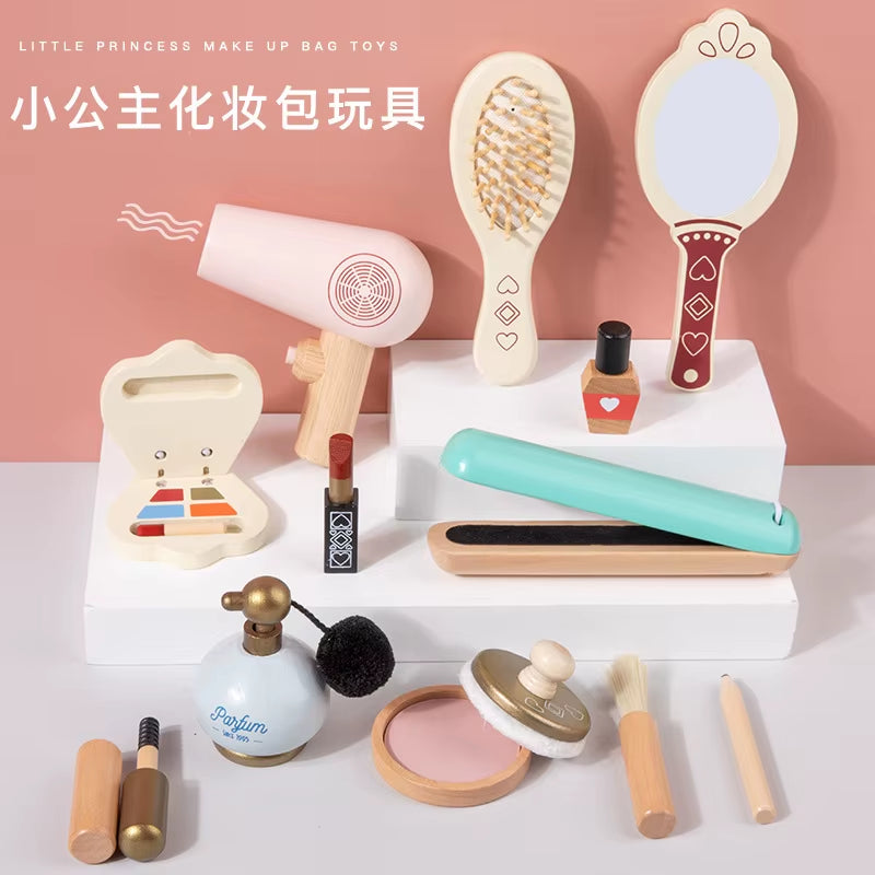 Kids Wooden Nail Manicure Makeup Bag Children Role Pretend Play Toy Set Girl'S Gift Cosmetics Toys for Child