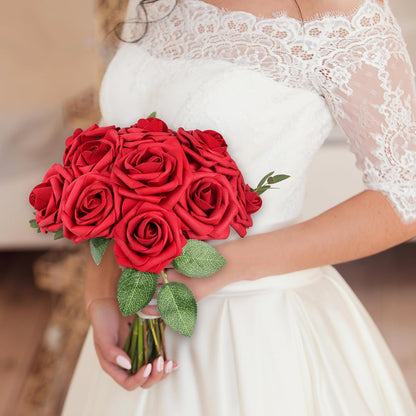 50 Pcs Artificial Flowers Red Roses Bulk, Real Looking Fake Foam Roses with Stems DIY Wedding Bouquet Floral Arrangement Bridal Shower Centerpieces Mother'S Day Party Home Table Decorations