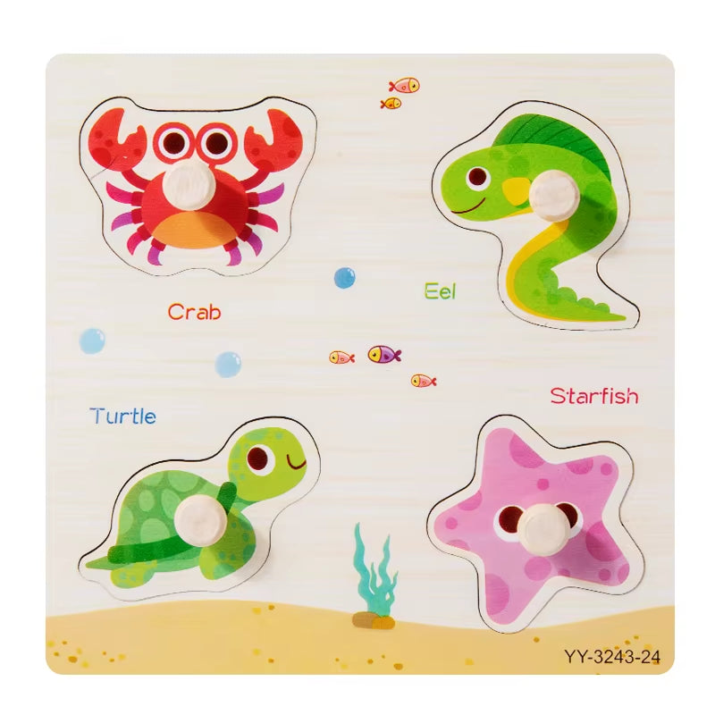 Wooden Mini Cartoon Animal Vehicle Pegged Puzzles Baby Montessori Plywood Early Educational Learning Toys for Kids Boys Girls