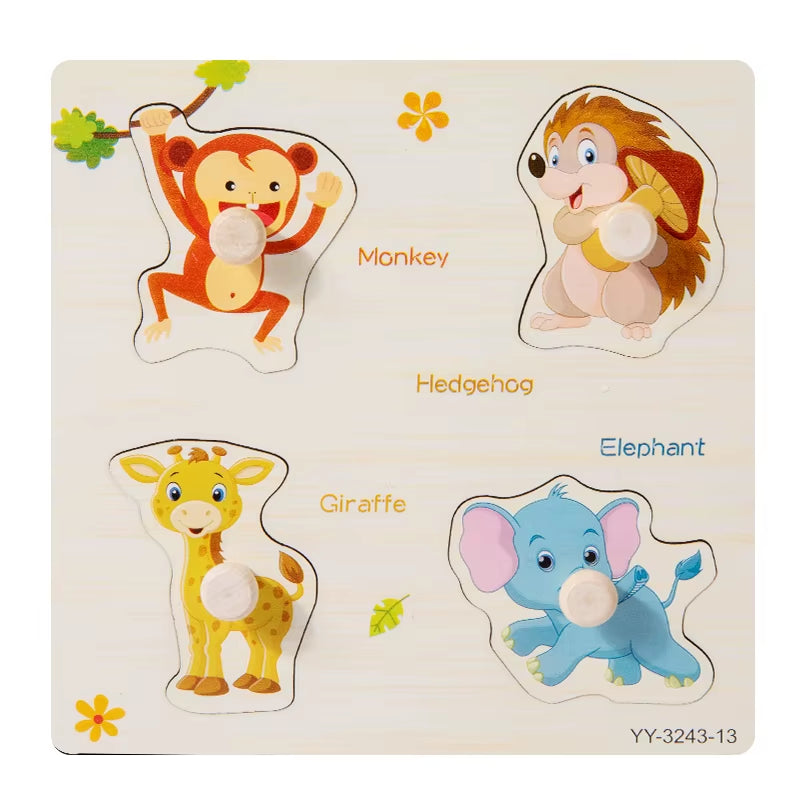 Wooden Mini Cartoon Animal Vehicle Pegged Puzzles Baby Montessori Plywood Early Educational Learning Toys for Kids Boys Girls