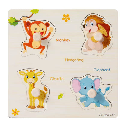 Wooden Mini Cartoon Animal Vehicle Pegged Puzzles Baby Montessori Plywood Early Educational Learning Toys for Kids Boys Girls