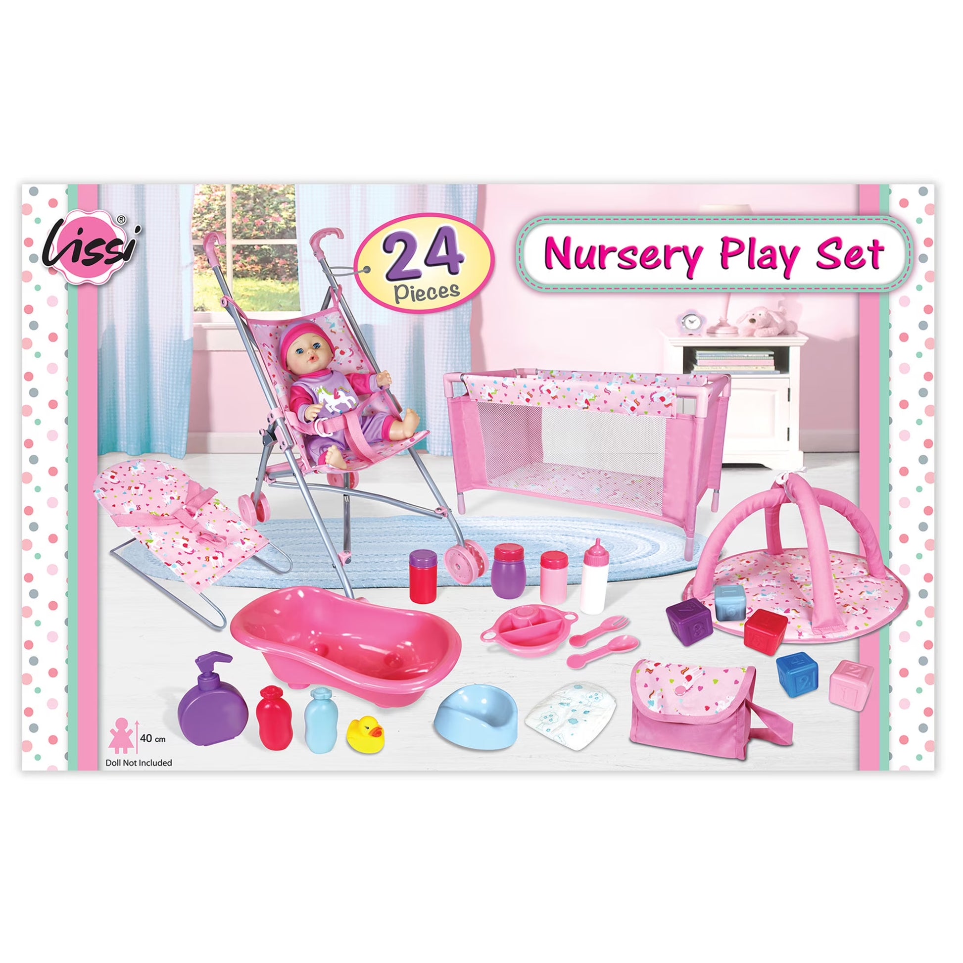 : Doll Nursery Play Set - Pink Unicorn - 24Pc Accessories for Dolls up to 11", Bed-Play Gym-Stroller-Bouncer-Bag, Feeding & Care Toys, Kids 3+
