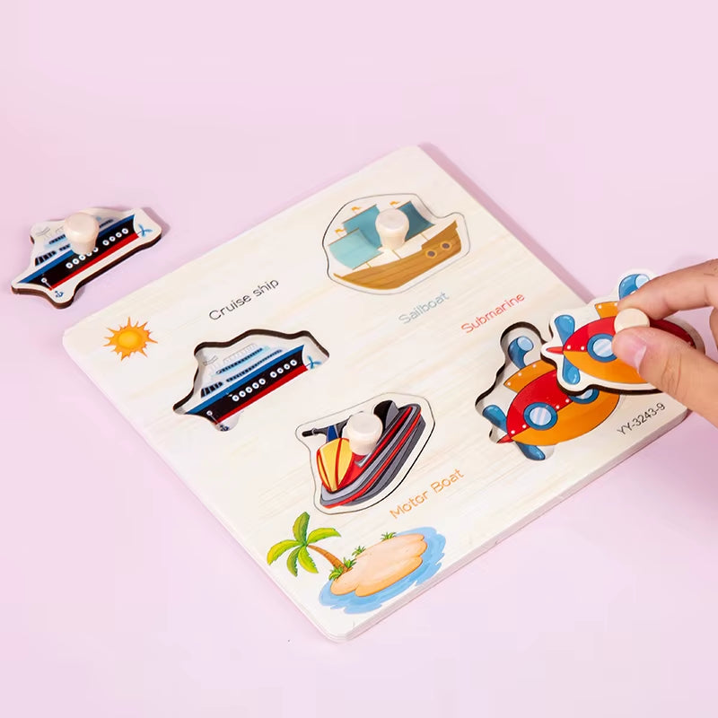 Wooden Mini Cartoon Animal Vehicle Pegged Puzzles Baby Montessori Plywood Early Educational Learning Toys for Kids Boys Girls