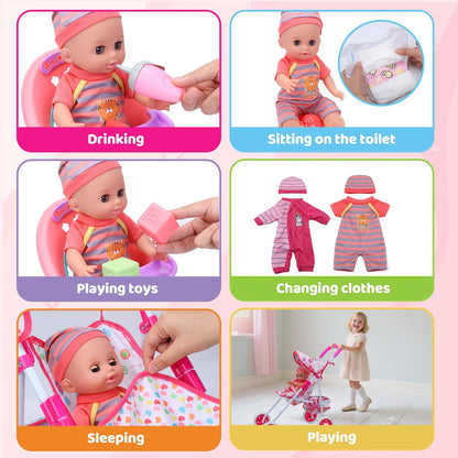 Baby Doll Play Set with 12.5" Baby Doll, 21'' Foldable Doll Stroller, High Chair, 35 PCS Baby Doll Accessories and 2 Sets Doll Clothes, Pretend Play Toys for Girls Toddlers