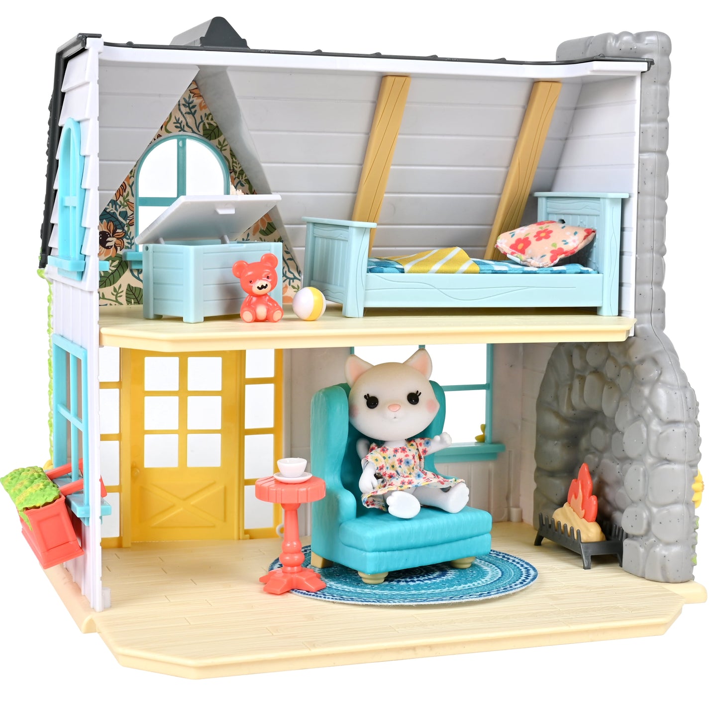 Sunflower Country Cottage – 17 Piece Dollhouse with Miniature Furniture & Exclusive Cat Figure – Doll Playset for Kids Ages 3+