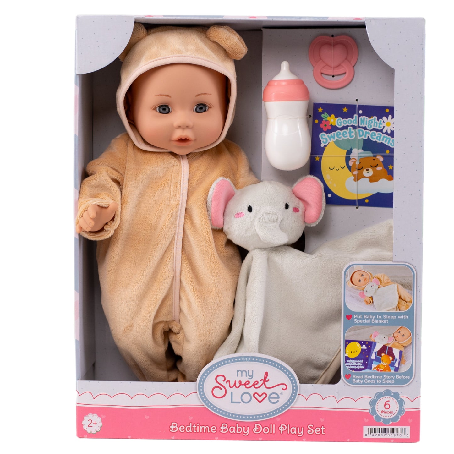 Bedtime Baby Doll Play Set, Mocha and Ivory Outfit, 14-Inch Doll, 6 Pieces Included
