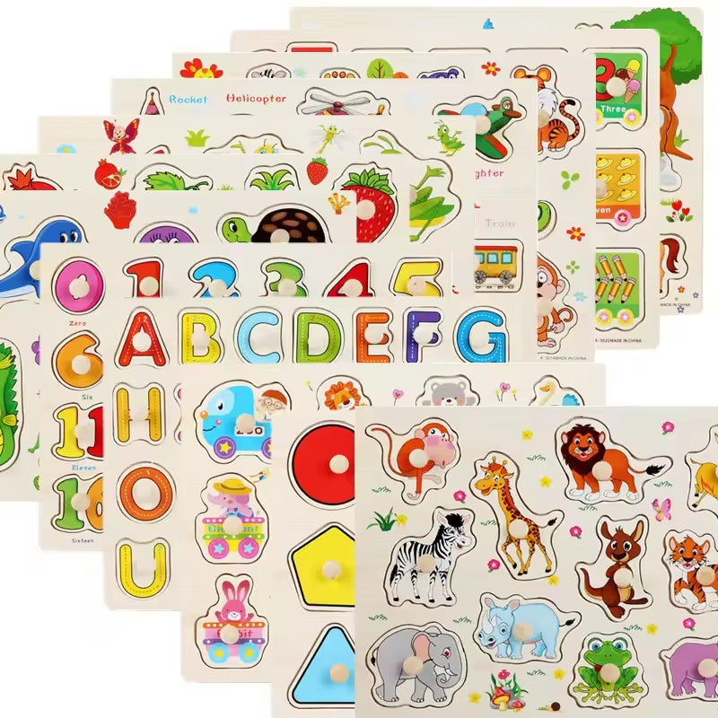 Montessori Wooden 3D Cartoon Animal Alphabets Figures Jigsaw Puzzles Boards Games Baby Early Education Toys for Kids Boys Girls