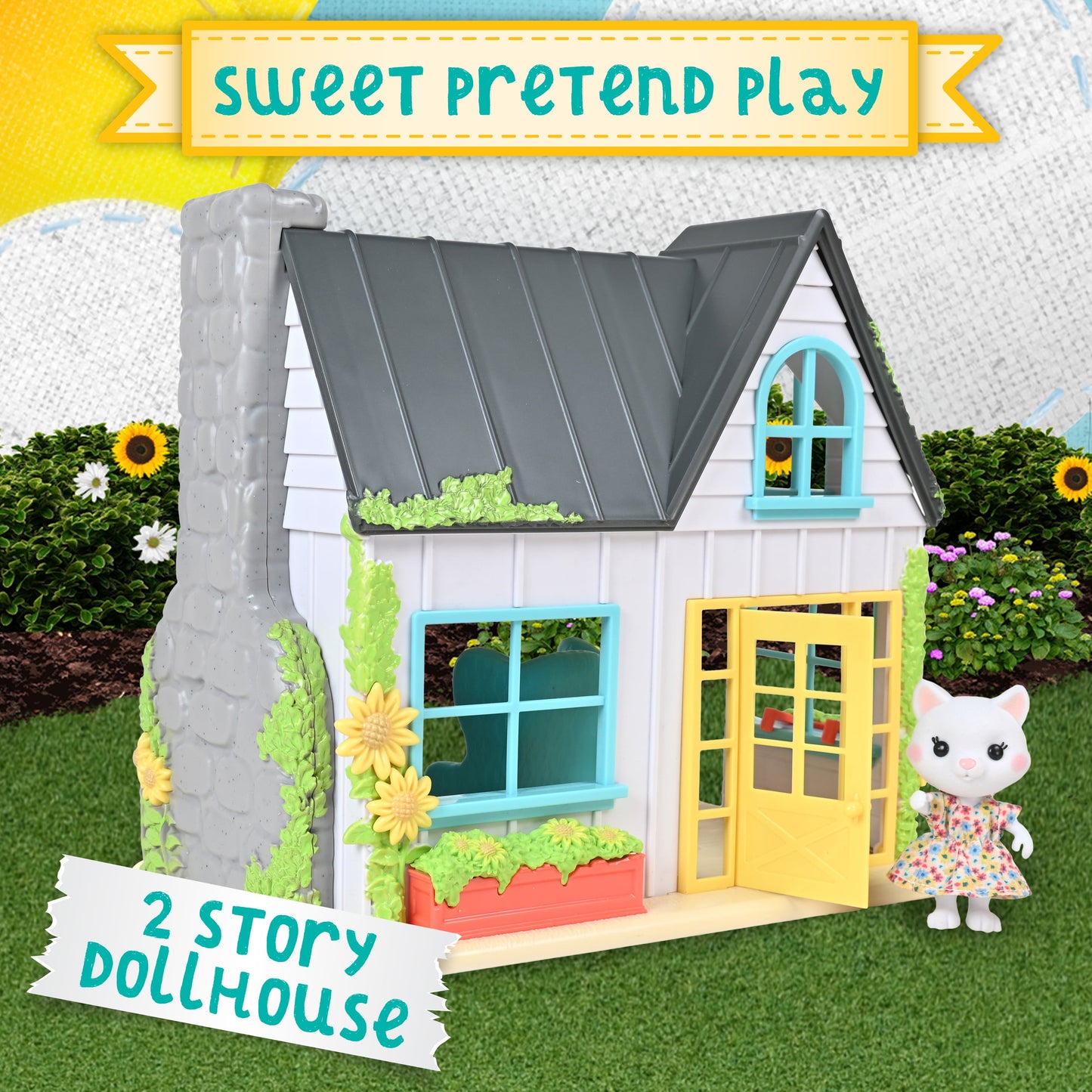 Sunflower Country Cottage – 17 Piece Dollhouse with Miniature Furniture & Exclusive Cat Figure – Doll Playset for Kids Ages 3+