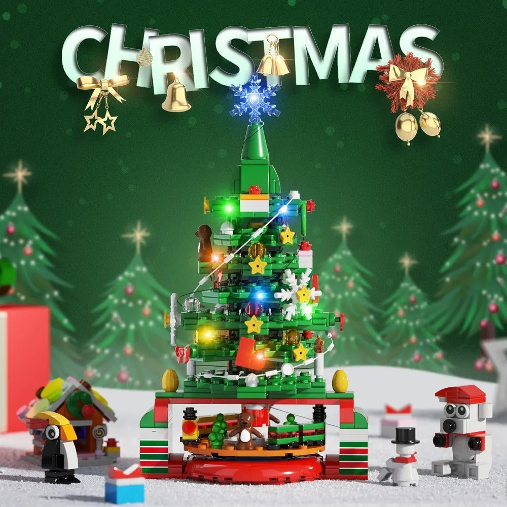 Christmas Building Blocks Sweet House People Floating Snow Rotating Music Box