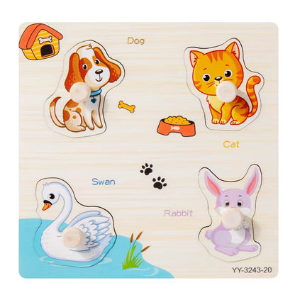 Wooden Mini Cartoon Animal Vehicle Pegged Puzzles Baby Montessori Plywood Early Educational Learning Toys for Kids Boys Girls