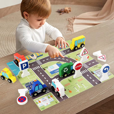 Wooden Traffic Sign Toy Set for Kids Including Mini Vehicles Road Accessories for Visual Recognition Playful Traffic Learning
