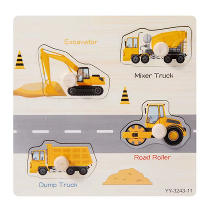 Wooden Mini Cartoon Animal Vehicle Pegged Puzzles Baby Montessori Plywood Early Educational Learning Toys for Kids Boys Girls