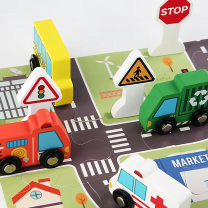Wooden Traffic Sign Toy Set for Kids Including Mini Vehicles Road Accessories for Visual Recognition Playful Traffic Learning