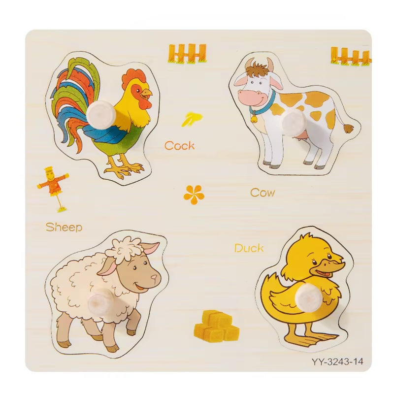 Wooden Mini Cartoon Animal Vehicle Pegged Puzzles Baby Montessori Plywood Early Educational Learning Toys for Kids Boys Girls
