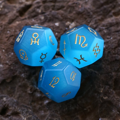 Aqua Blue Cat's Eye Stone Astrological Dice Set Of 3 Planets