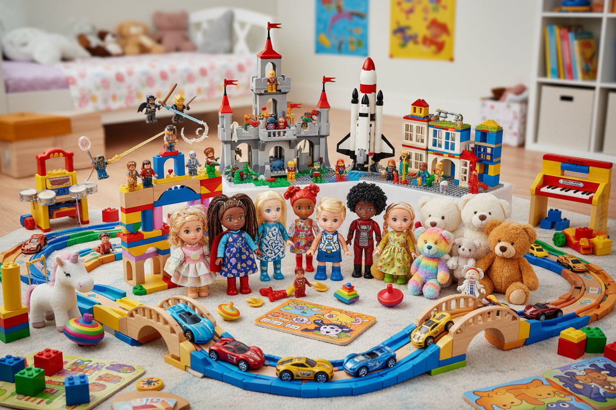 bunch of toys, dolls, legos, action figure, bears, etc