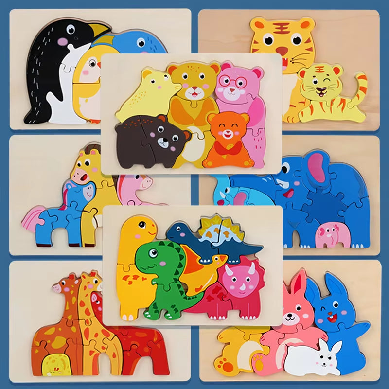 Kids Wooden Jigsaw Dinosaur Puzzle Montessori Game Assembly Children Learning Educational Toys 3D Cartoon Animal Puzzles