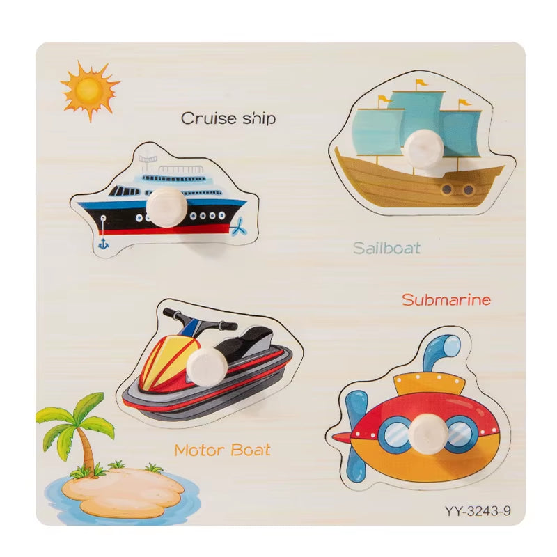 Wooden Mini Cartoon Animal Vehicle Pegged Puzzles Baby Montessori Plywood Early Educational Learning Toys for Kids Boys Girls