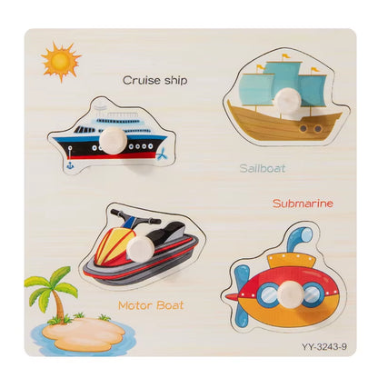 Wooden Mini Cartoon Animal Vehicle Pegged Puzzles Baby Montessori Plywood Early Educational Learning Toys for Kids Boys Girls