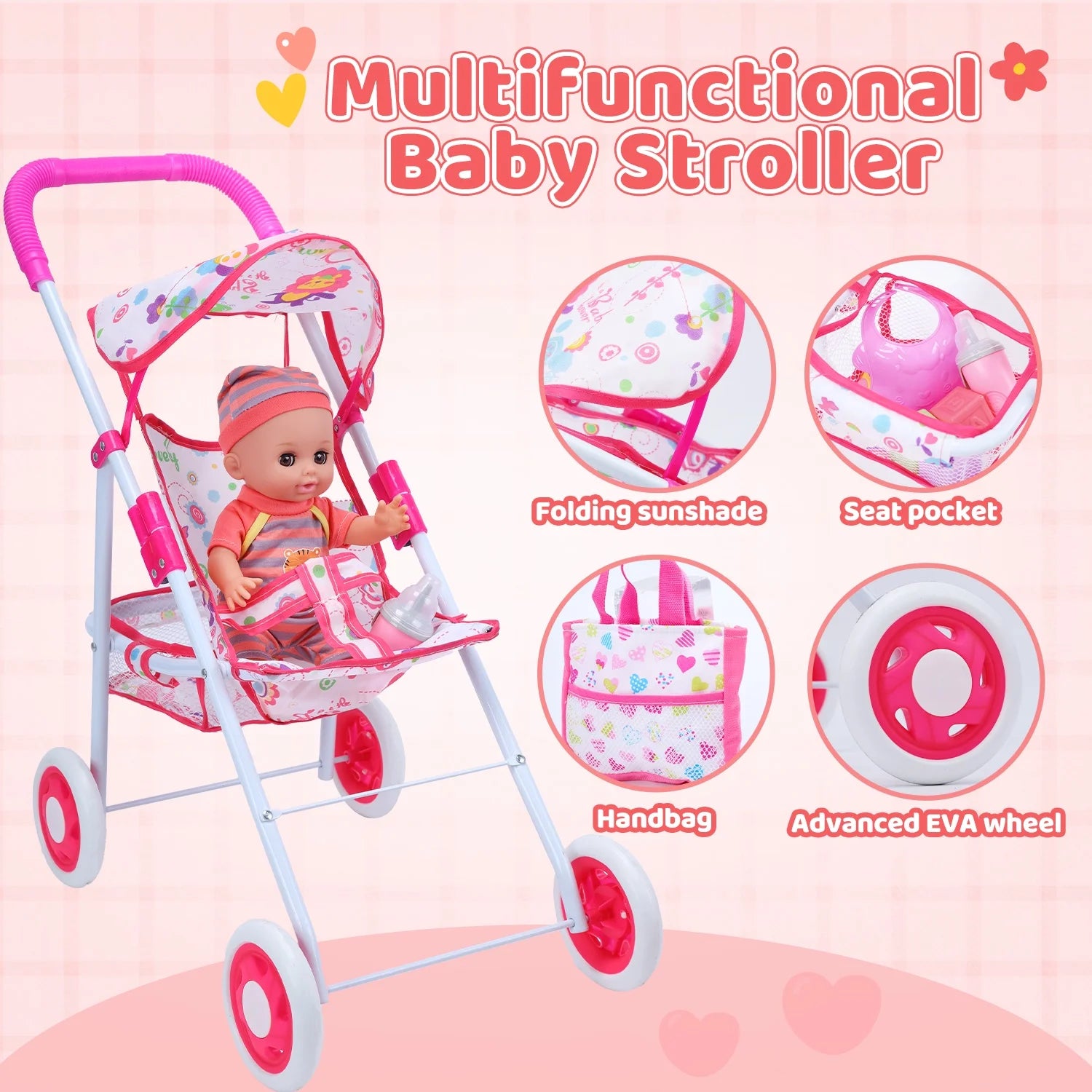 Baby Doll Play Set with 12.5" Baby Doll, 21'' Foldable Doll Stroller, High Chair, 35 PCS Baby Doll Accessories and 2 Sets Doll Clothes, Pretend Play Toys for Girls Toddlers
