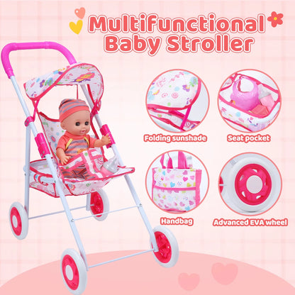 Baby Doll Play Set with 12.5" Baby Doll, 21'' Foldable Doll Stroller, High Chair, 35 PCS Baby Doll Accessories and 2 Sets Doll Clothes, Pretend Play Toys for Girls Toddlers