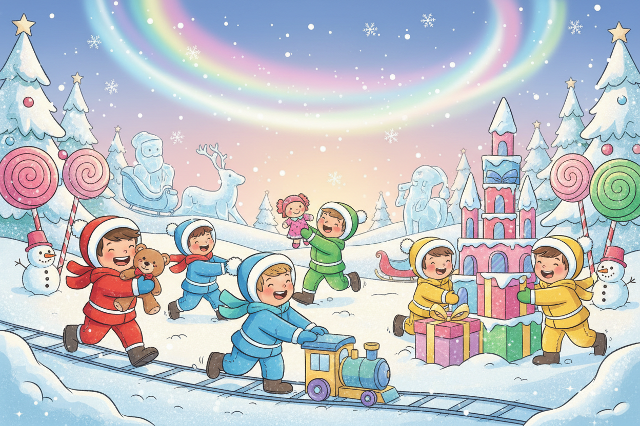 cartoon kids playing with Christmas toys in the north pole