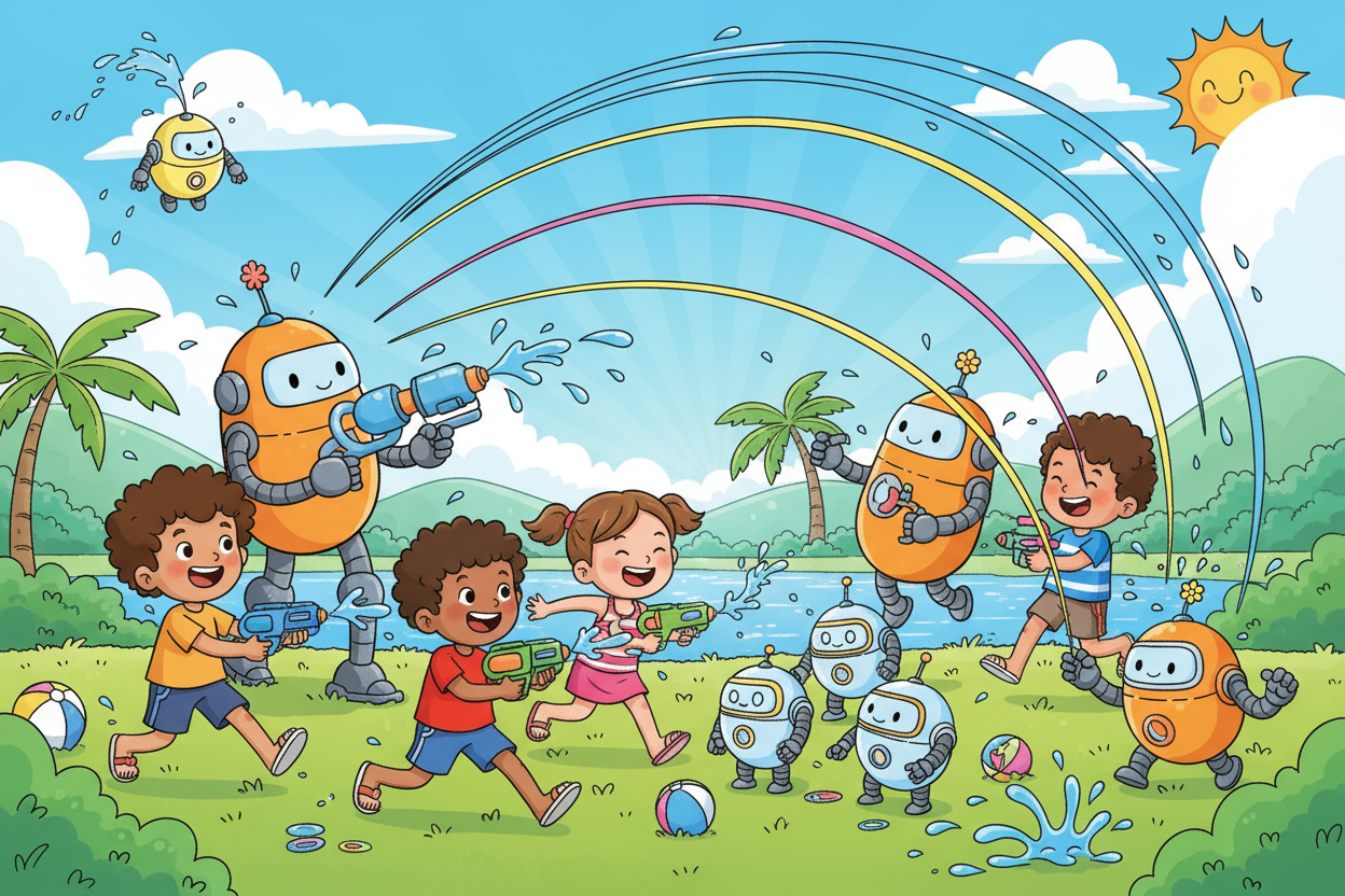 cartoon kids playing with water gun and robots