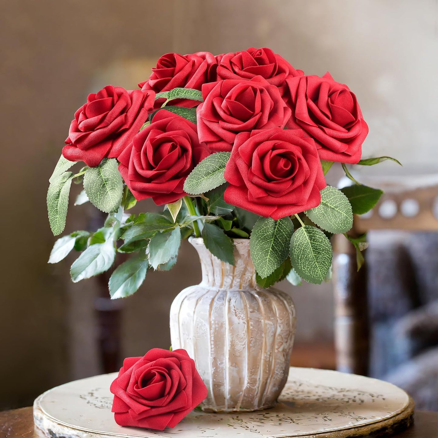 50 Pcs Artificial Flowers Red Roses Bulk, Real Looking Fake Foam Roses with Stems DIY Wedding Bouquet Floral Arrangement Bridal Shower Centerpieces Mother'S Day Party Home Table Decorations