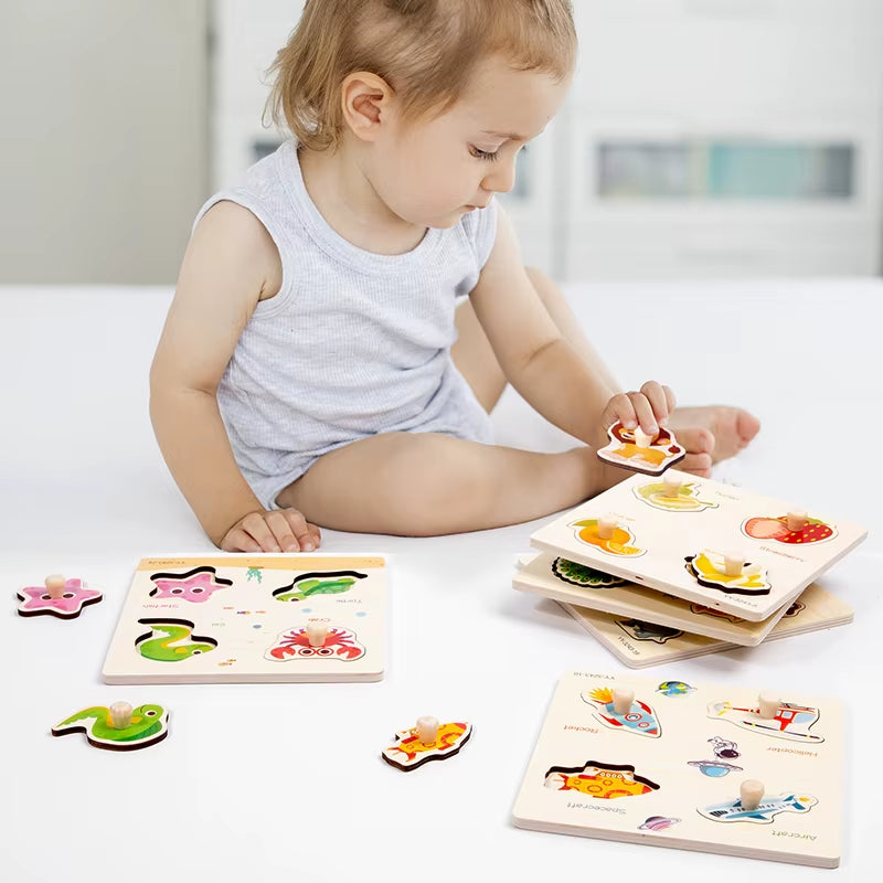 Wooden Mini Cartoon Animal Vehicle Pegged Puzzles Baby Montessori Plywood Early Educational Learning Toys for Kids Boys Girls