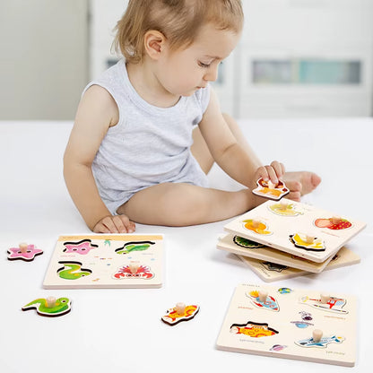 Wooden Mini Cartoon Animal Vehicle Pegged Puzzles Baby Montessori Plywood Early Educational Learning Toys for Kids Boys Girls