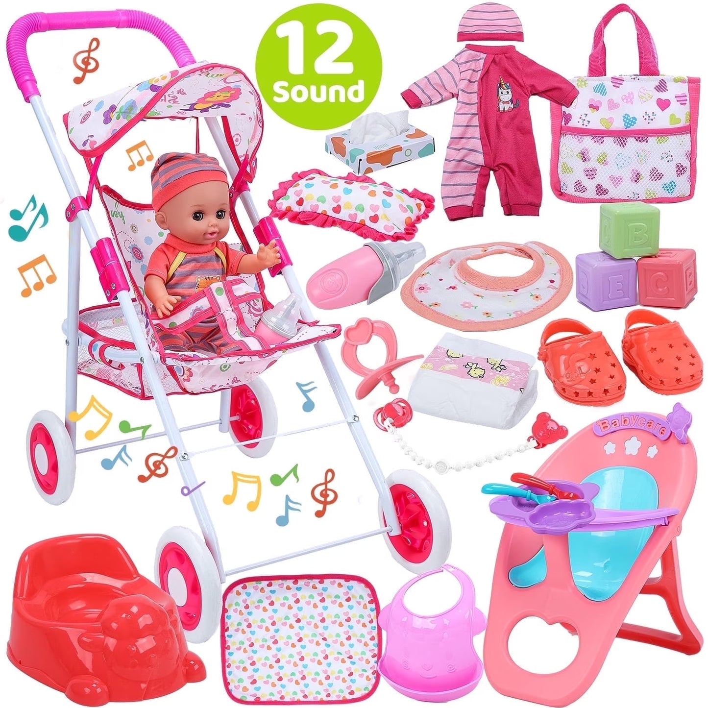 Baby Doll Play Set with 12.5" Baby Doll, 21'' Foldable Doll Stroller, High Chair, 35 PCS Baby Doll Accessories and 2 Sets Doll Clothes, Pretend Play Toys for Girls Toddlers