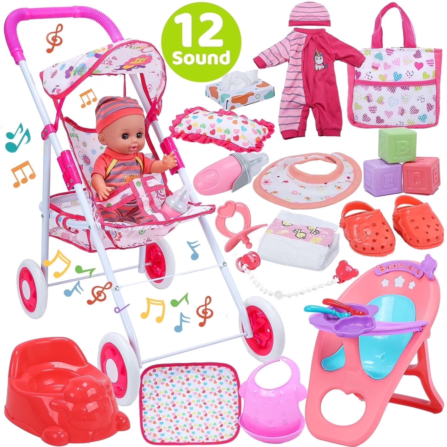 Baby Doll Play Set with 12.5" Baby Doll, 21'' Foldable Doll Stroller, High Chair, 35 PCS Baby Doll Accessories and 2 Sets Doll Clothes, Pretend Play Toys for Girls Toddlers