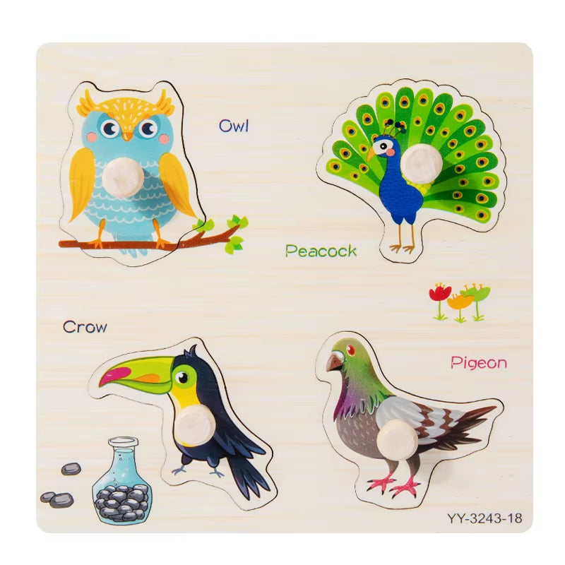 Wooden Mini Cartoon Animal Vehicle Pegged Puzzles Baby Montessori Plywood Early Educational Learning Toys for Kids Boys Girls