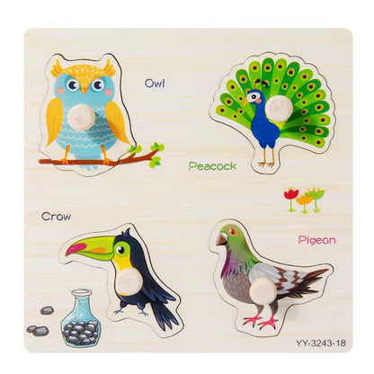 Wooden Mini Cartoon Animal Vehicle Pegged Puzzles Baby Montessori Plywood Early Educational Learning Toys for Kids Boys Girls