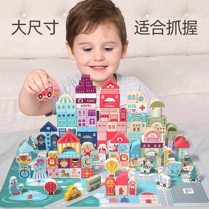 100Pcs Wooden City Street View Blocks Colorful Wooden Building Rainbow Blocks Kids Educational Wooden Blocks Toy