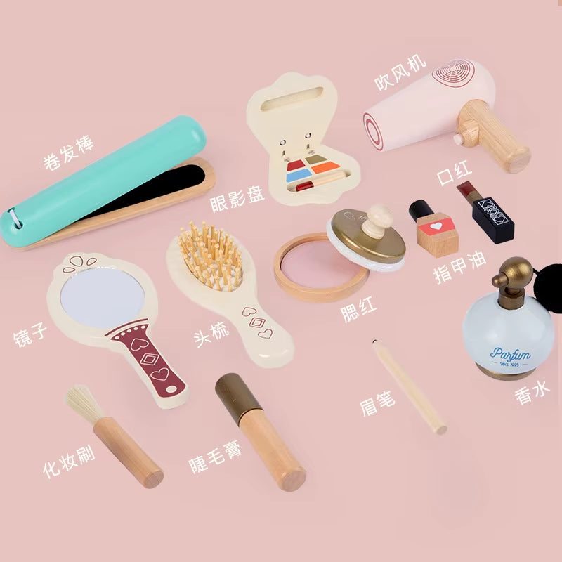 Kids Wooden Nail Manicure Makeup Bag Children Role Pretend Play Toy Set Girl'S Gift Cosmetics Toys for Child
