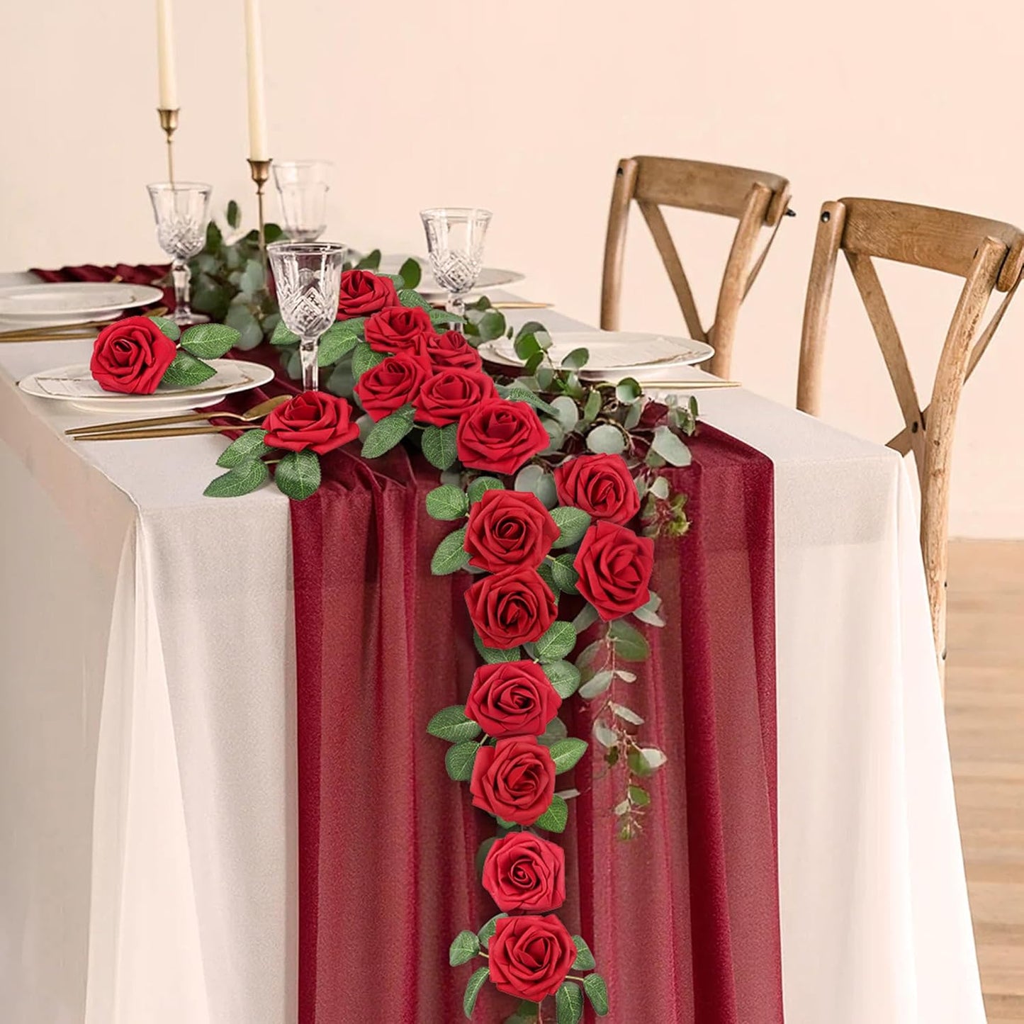 50 Pcs Artificial Flowers Red Roses Bulk, Real Looking Fake Foam Roses with Stems DIY Wedding Bouquet Floral Arrangement Bridal Shower Centerpieces Mother'S Day Party Home Table Decorations