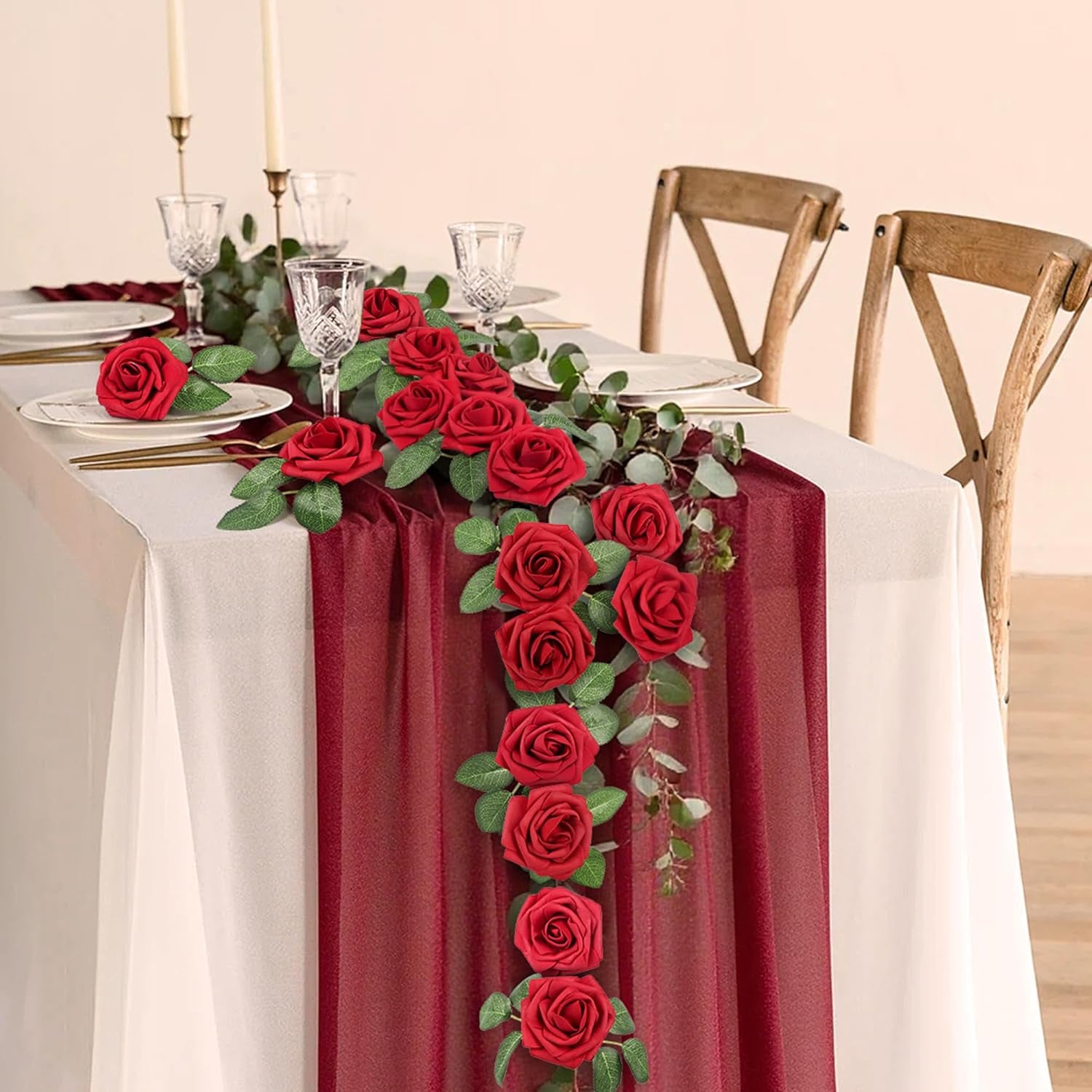 50 Pcs Artificial Flowers Red Roses Bulk, Real Looking Fake Foam Roses with Stems DIY Wedding Bouquet Floral Arrangement Bridal Shower Centerpieces Mother'S Day Party Home Table Decorations