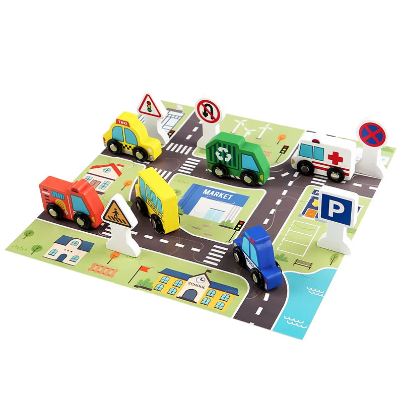 Wooden Traffic Sign Toy Set for Kids Including Mini Vehicles Road Accessories for Visual Recognition Playful Traffic Learning
