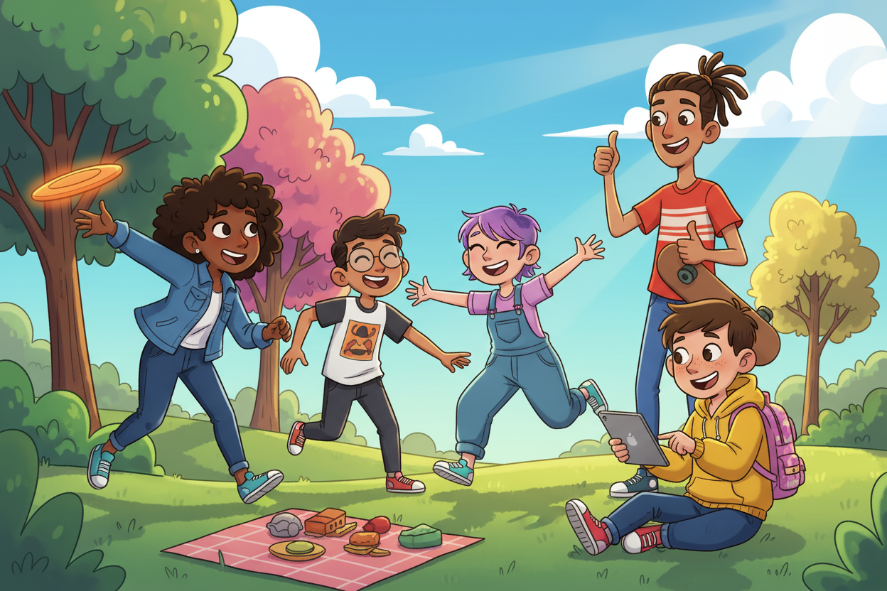 five cartoon teenagers playing outside