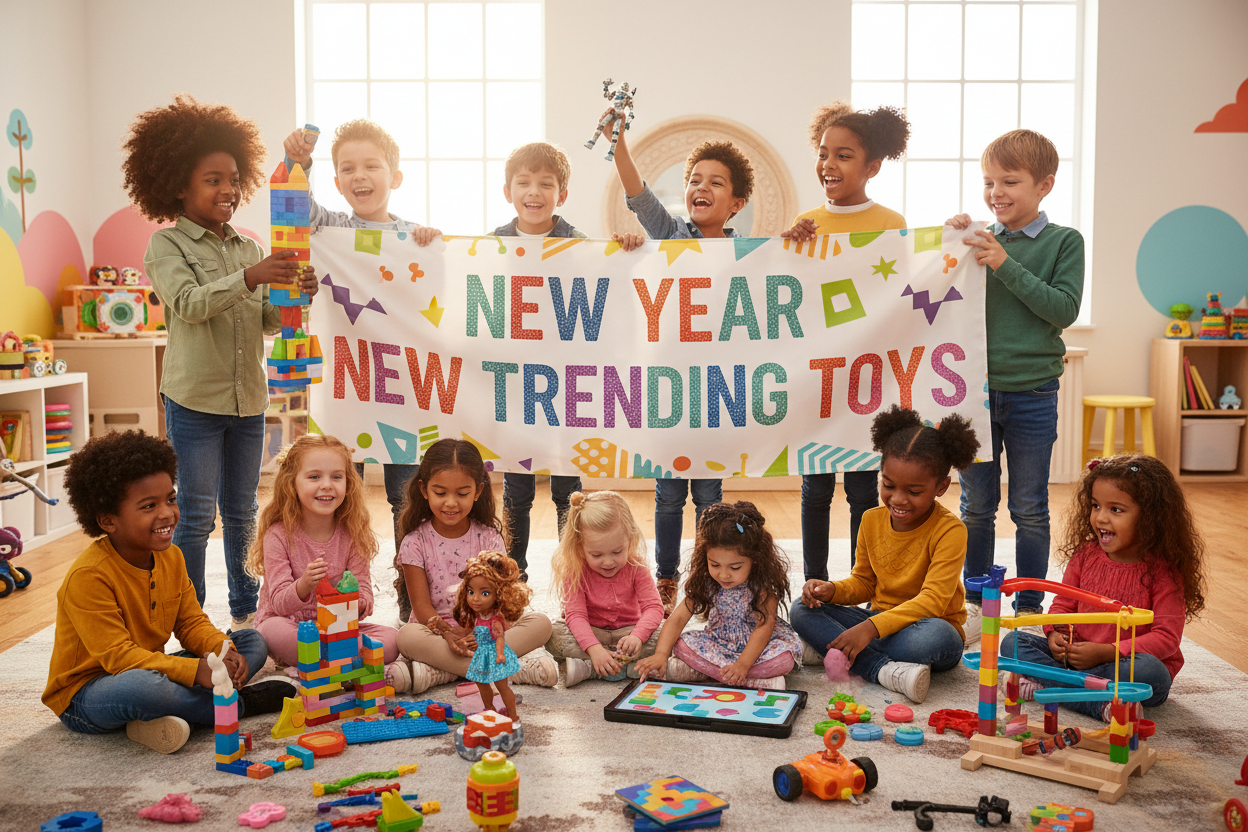 kids from different races playing with toys, in the middle put a banner that says - new year new trending toys